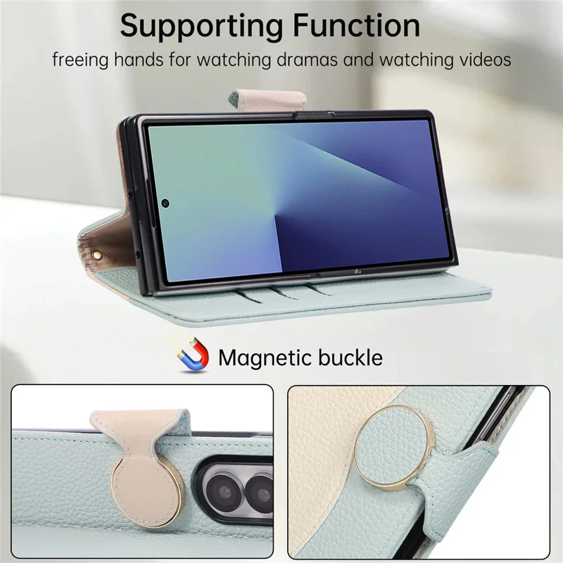 For Samsung Galaxy Z Fold5 5G Case Zipper Wallet Color Splicing TPU PU Leather Flip Phone Cover with Strap - Green