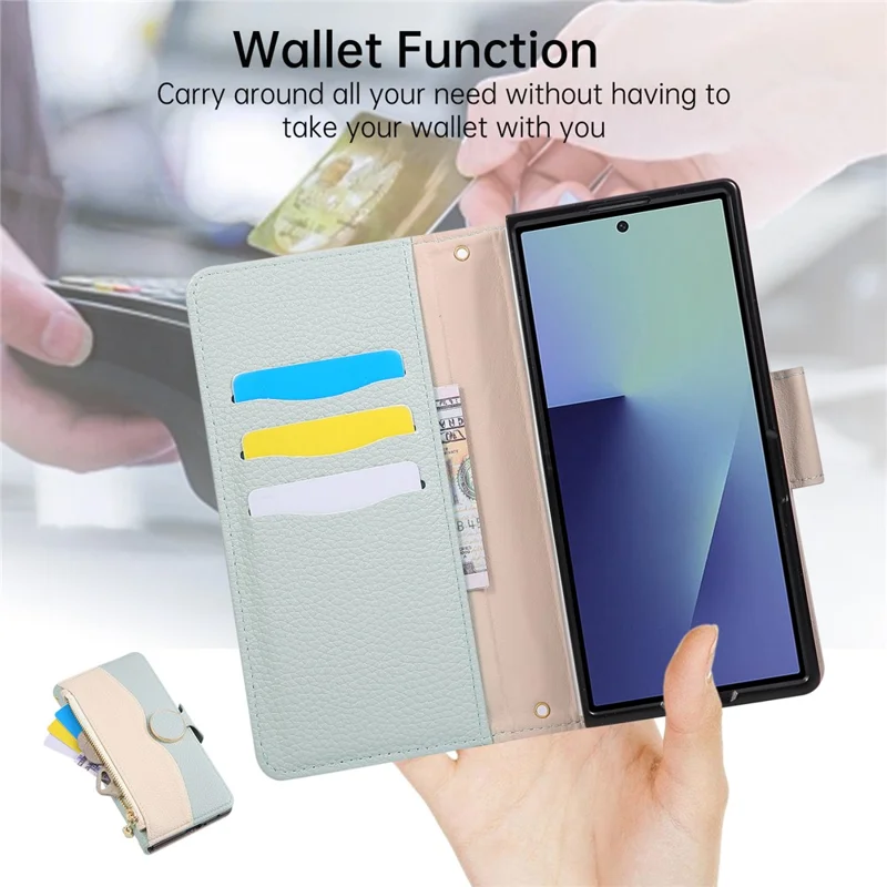 For Samsung Galaxy Z Fold5 5G Case Zipper Wallet Color Splicing TPU PU Leather Flip Phone Cover with Strap - Green