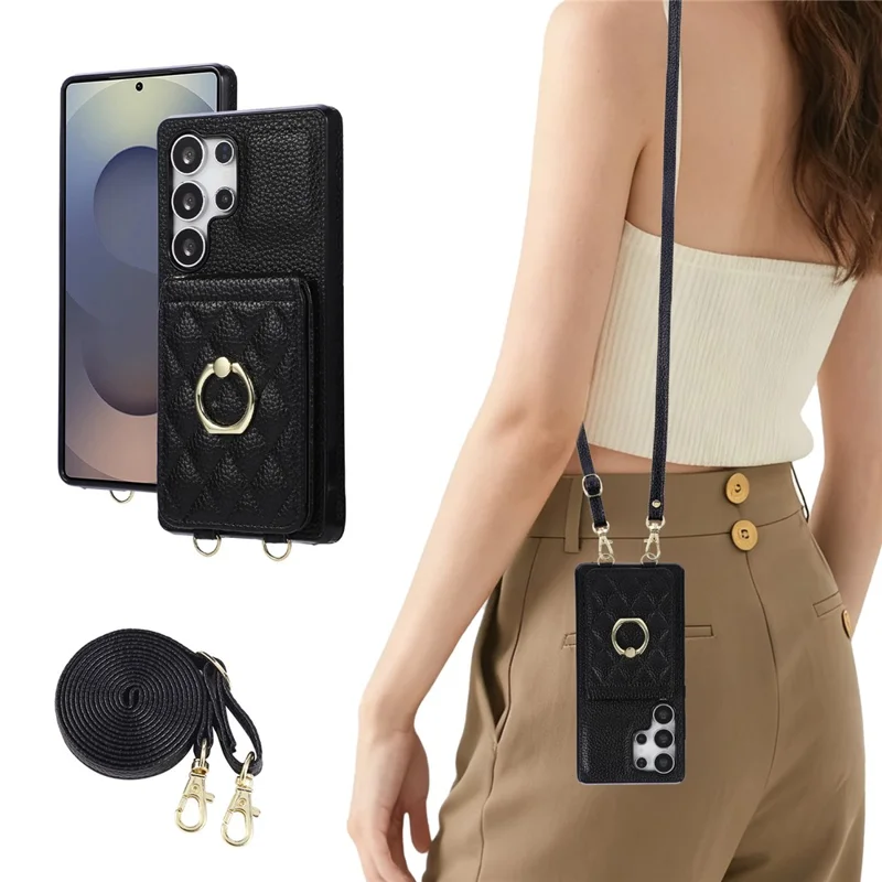 For Samsung Galaxy S25 Ultra Case Kickstand Rhombus Leather + TPU Phone Cover with Shoulder Strap - Black