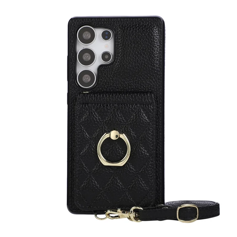 For Samsung Galaxy S25 Ultra Case Kickstand Rhombus Leather + TPU Phone Cover with Shoulder Strap - Black