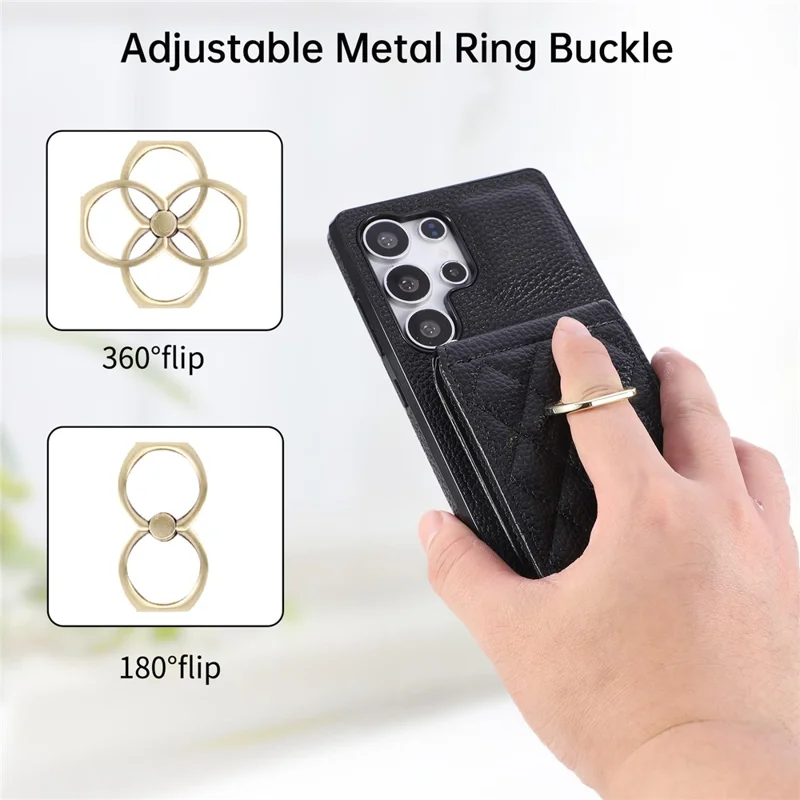 For Samsung Galaxy S25 Ultra Case Kickstand Rhombus Leather + TPU Phone Cover with Shoulder Strap - Black