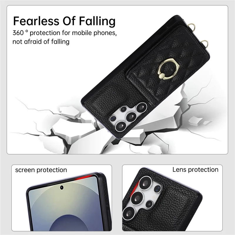 For Samsung Galaxy S25 Ultra Case Kickstand Rhombus Leather + TPU Phone Cover with Shoulder Strap - Black