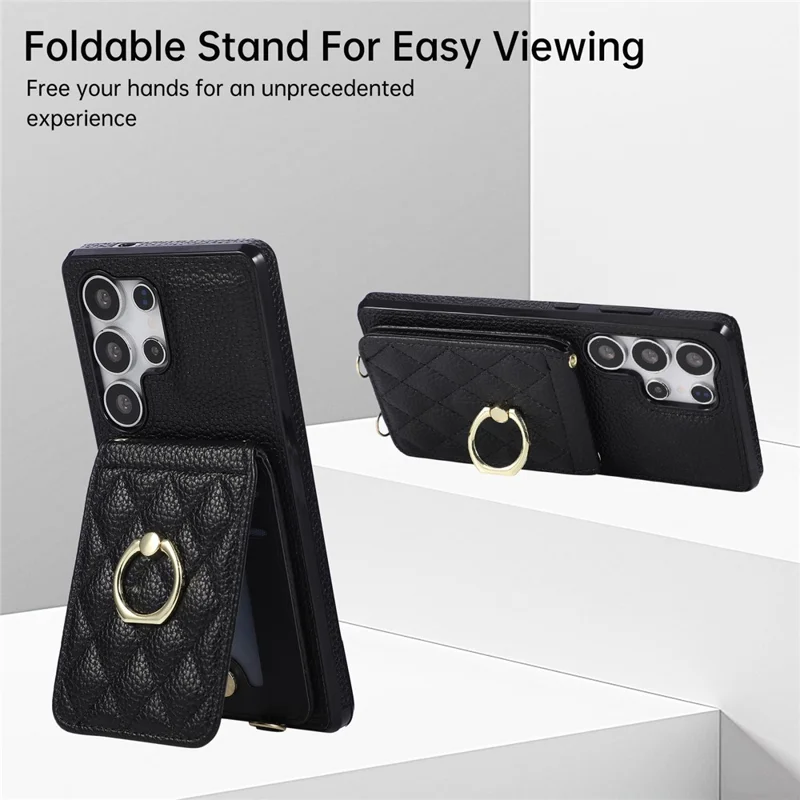 For Samsung Galaxy S25 Ultra Case Kickstand Rhombus Leather + TPU Phone Cover with Shoulder Strap - Black