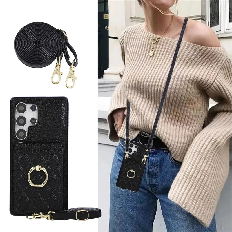 For Samsung Galaxy S25 Ultra Case Kickstand Rhombus Leather + TPU Phone Cover with Shoulder Strap - Black