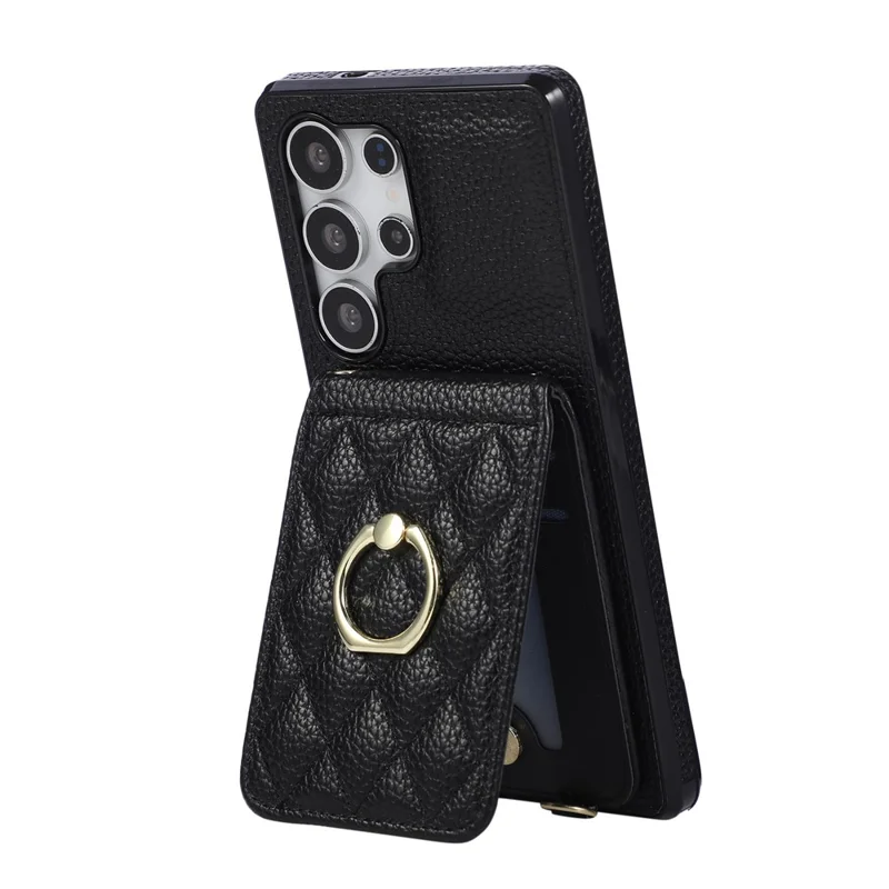 For Samsung Galaxy S26 Ultra Case Kickstand Rhombus Leather + TPU Phone Cover with Shoulder Strap - Black