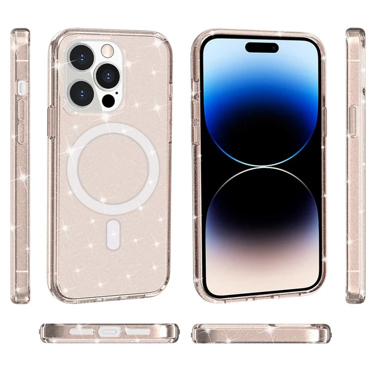 For iPhone 14 Pro Glitter Design Magnetic Back Cover TPU+PC Phone Drop-proof Case Compatible with MagSafe Charger - Gold