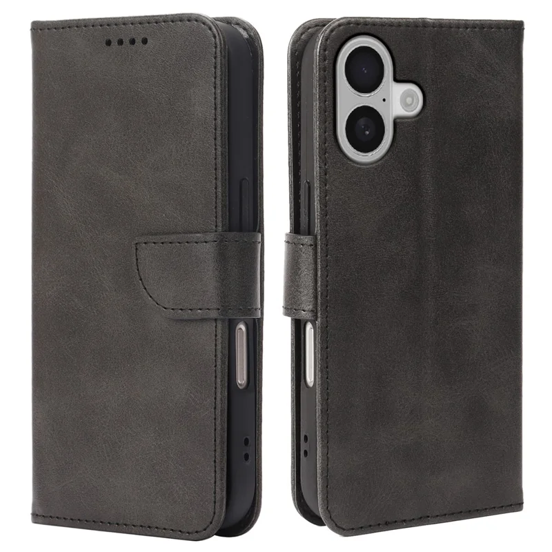 For iPhone 17 Case Wallet Stand Magnetic Clasp Closure Calf Texture Leather Phone Cover - Black