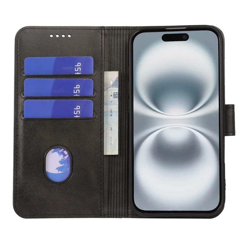 For iPhone 17 Case Wallet Stand Magnetic Clasp Closure Calf Texture Leather Phone Cover - Black