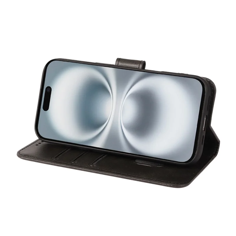 For iPhone 17 Case Wallet Stand Magnetic Clasp Closure Calf Texture Leather Phone Cover - Black