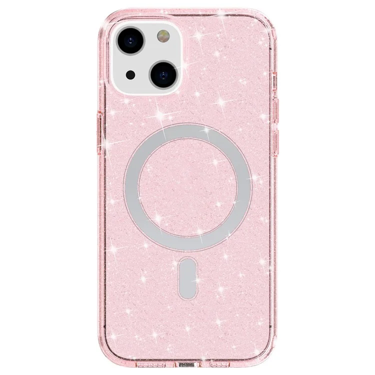 For iPhone 14 Transparent Glitter Protective Cover Magnetic TPU+PC Phone Anti-Scratch Case Compatible with MagSafe Charger - Pink