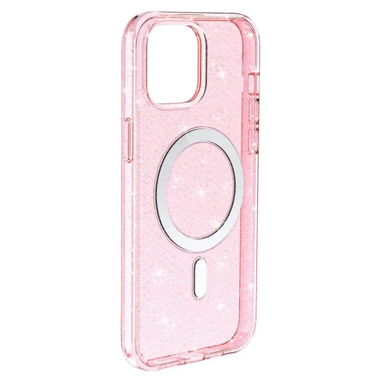 For iPhone 14 Transparent Glitter Protective Cover Magnetic TPU+PC Phone Anti-Scratch Case Compatible with MagSafe Charger - Pink