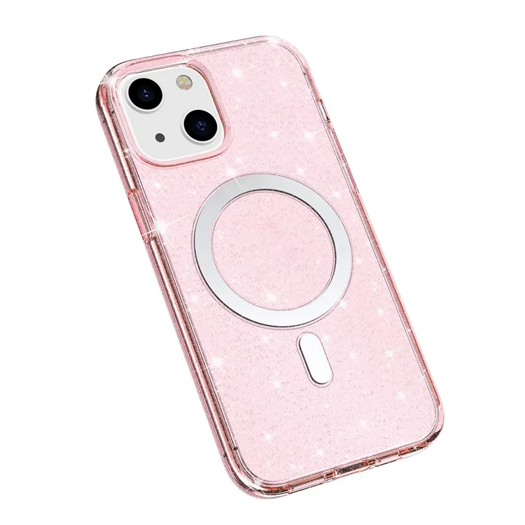 For iPhone 14 Transparent Glitter Protective Cover Magnetic TPU+PC Phone Anti-Scratch Case Compatible with MagSafe Charger - Pink