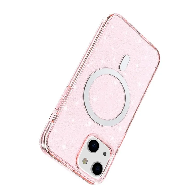 For iPhone 14 Transparent Glitter Protective Cover Magnetic TPU+PC Phone Anti-Scratch Case Compatible with MagSafe Charger - Pink