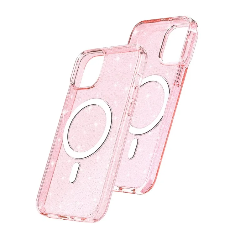 For iPhone 14 Transparent Glitter Protective Cover Magnetic TPU+PC Phone Anti-Scratch Case Compatible with MagSafe Charger - Pink