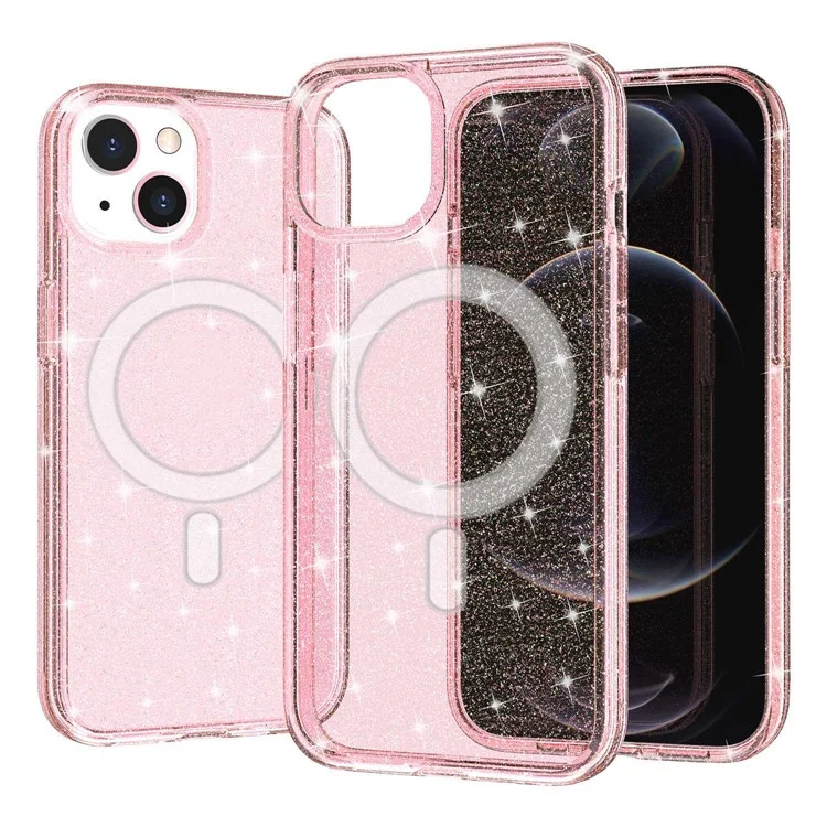 For iPhone 14 Transparent Glitter Protective Cover Magnetic TPU+PC Phone Anti-Scratch Case Compatible with MagSafe Charger - Pink