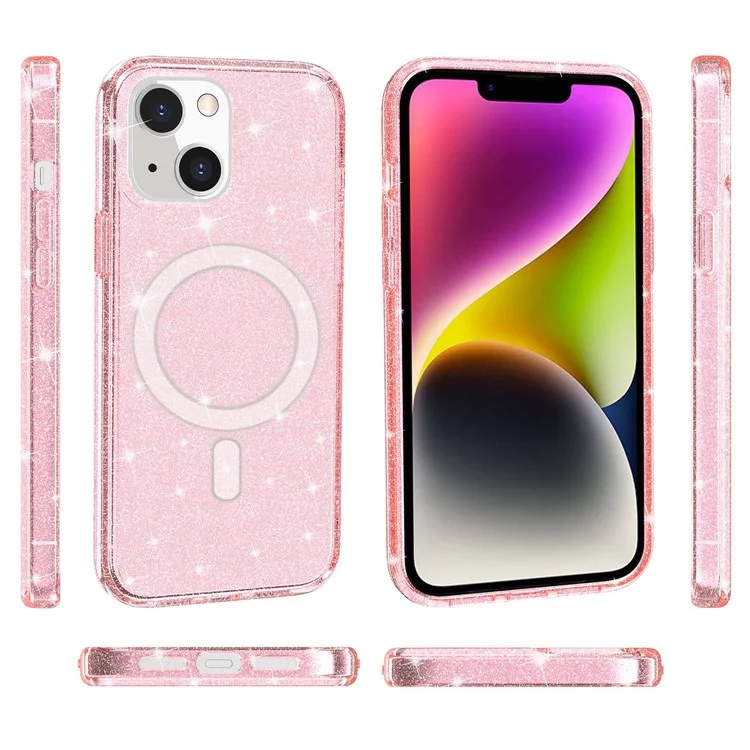 For iPhone 14 Transparent Glitter Protective Cover Magnetic TPU+PC Phone Anti-Scratch Case Compatible with MagSafe Charger - Pink