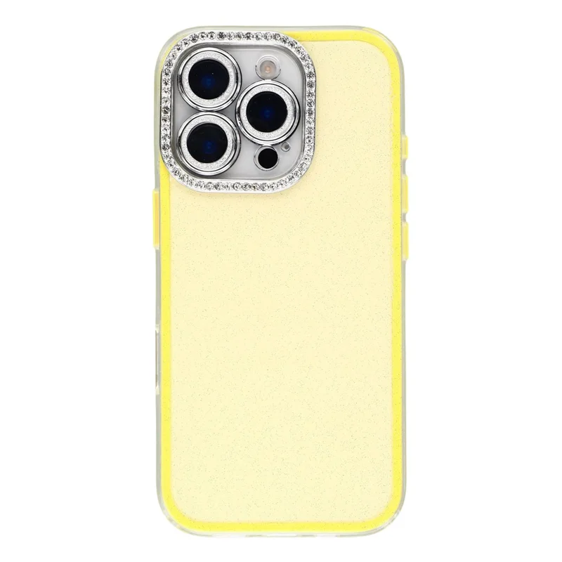 For iPhone 16 Pro Case IMD Glitter Acrylic + TPU Phone Cover with Rhinestones Acrylic Camera Lens Protector - Yellow