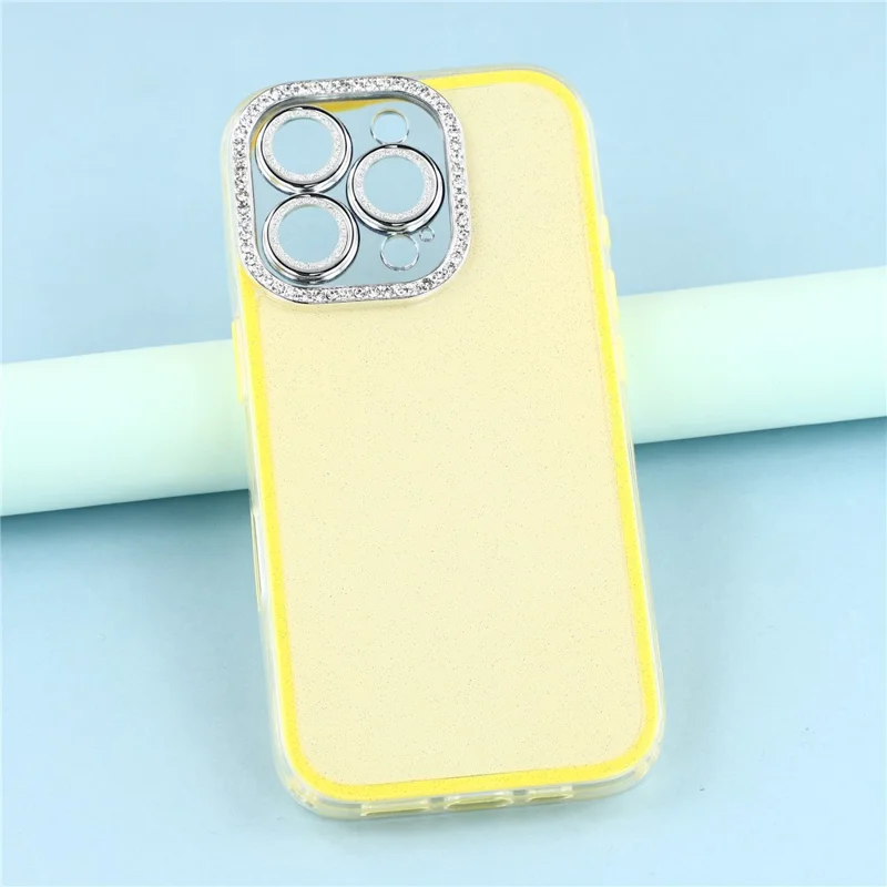 For iPhone 16 Pro Max Case IMD Glitter Acrylic + TPU Phone Cover with Rhinestones Acrylic Camera Lens Protector - Yellow