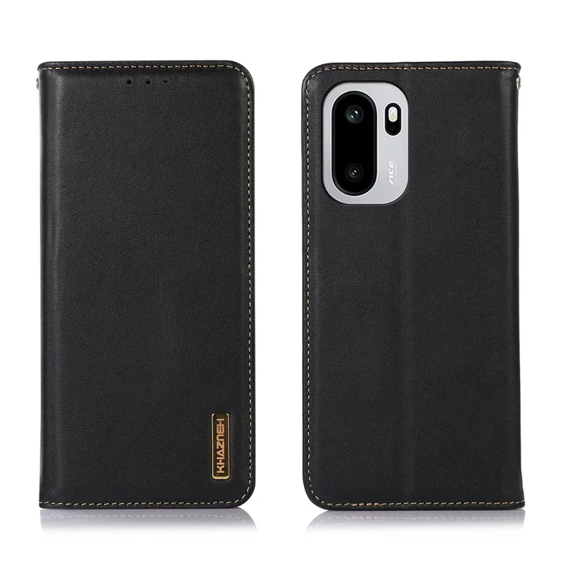 KHAZNEH For OnePlus 15R 5G / Ace 6T 5G / Ace 6 5G Case Wallet Genuine Cow Leather Phone Cover Nappa Texture - Black