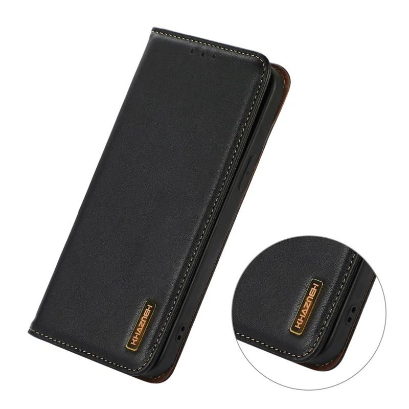 KHAZNEH For OnePlus 15R 5G / Ace 6T 5G / Ace 6 5G Case Wallet Genuine Cow Leather Phone Cover Nappa Texture - Black