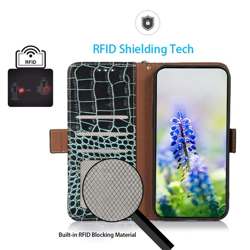 Voor Samsung Galaxy A37 Hoesje RFID Blokkering Portemonnee Krokodillenstructuur Echt Rundleer Telefoonhoes - Groen