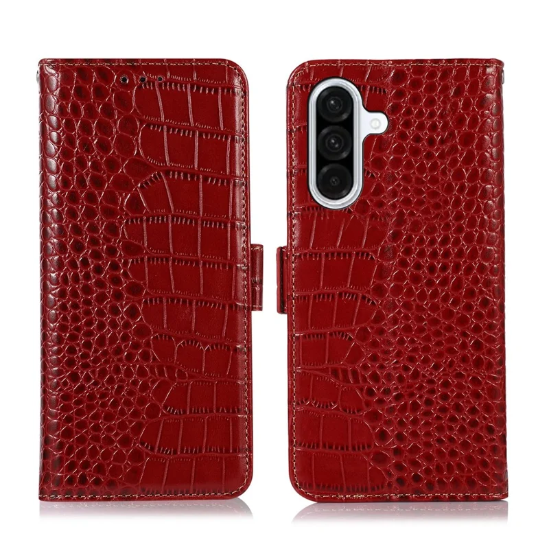 For Samsung Galaxy A57 Case RFID Blocking Wallet Crocodile Texture Genuine Cow Leather Phone Cover - Red
