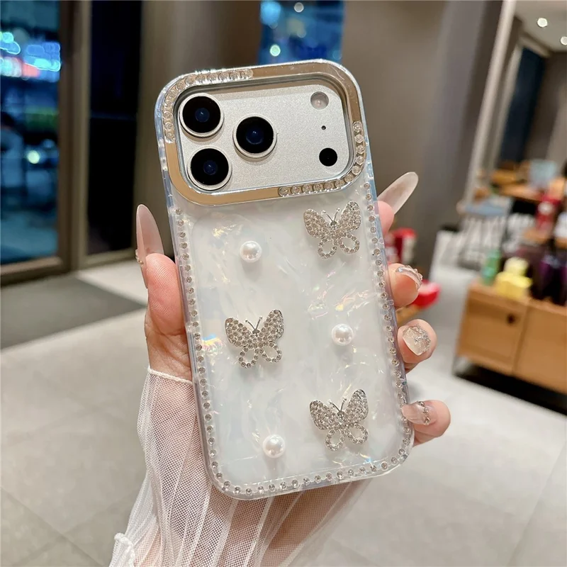 For iPhone 17 Pro Max Case Shell Texture Butterfly Pearl Rhinestone Decor PC + TPU Phone Cover - Small Butterfly