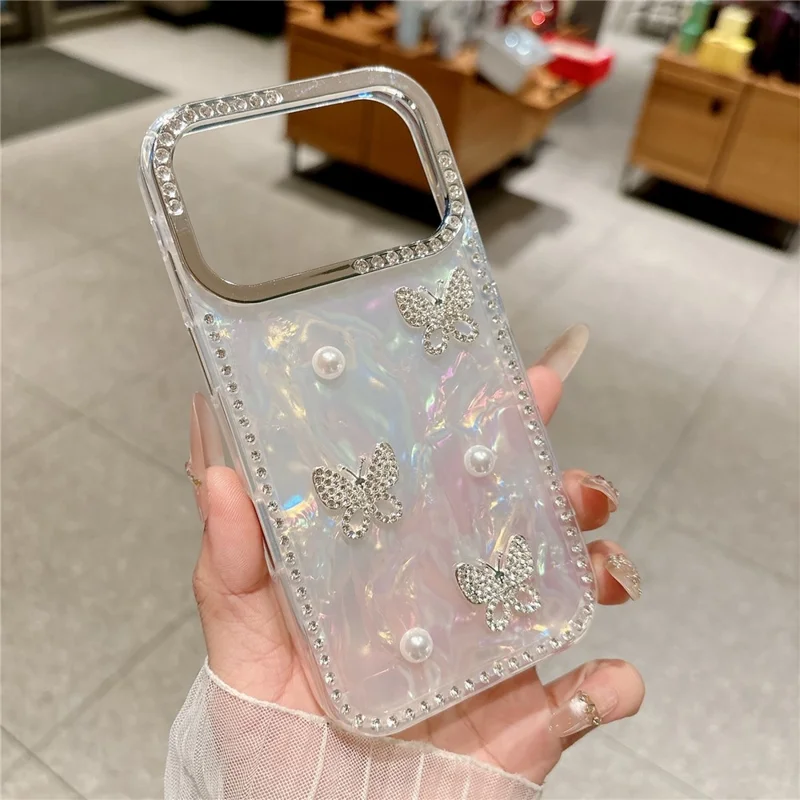 For iPhone 17 Pro Max Case Shell Texture Butterfly Pearl Rhinestone Decor PC + TPU Phone Cover - Small Butterfly
