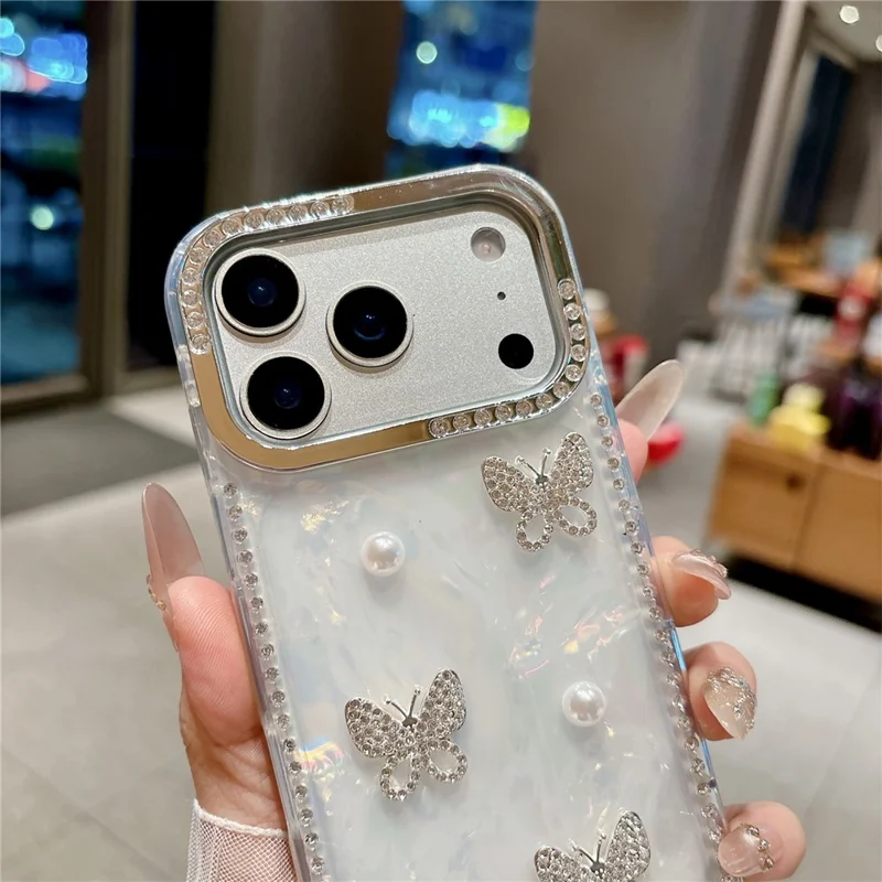 For iPhone 17 Pro Max Case Shell Texture Butterfly Pearl Rhinestone Decor PC + TPU Phone Cover - Small Butterfly