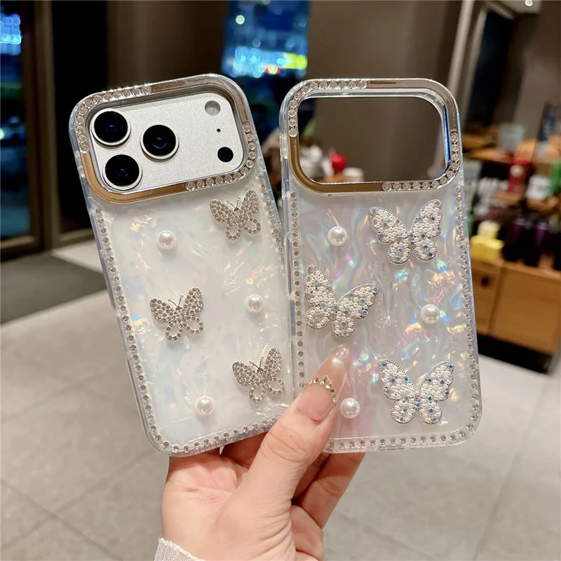 For iPhone 17 Pro Max Case Shell Texture Butterfly Pearl Rhinestone Decor PC + TPU Phone Cover - Small Butterfly