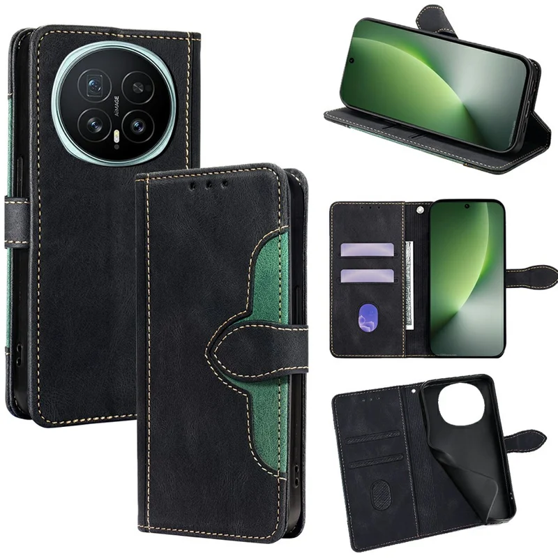 For Honor Magic8 5G Case Leather Wallet Phone Cover with Straw Hat Magnetic Clasp - Black