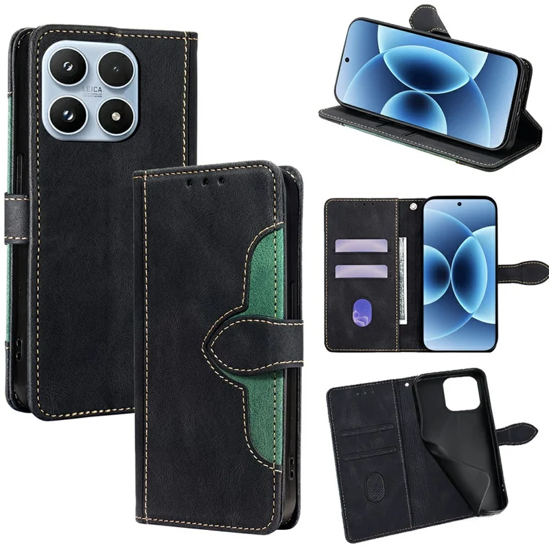 For Xiaomi 17 Case Leather Wallet Phone Cover with Straw Hat Magnetic Clasp - Black