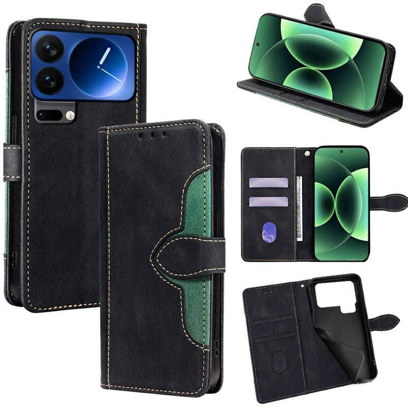 For Xiaomi 17 Pro Case Leather Wallet Phone Cover with Straw Hat Magnetic Clasp - Black