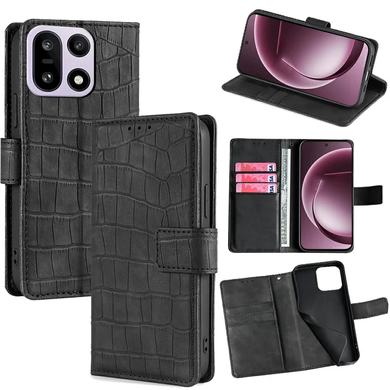 Voor OnePlus 15 5G Hoesje Krokodillenstructuur PU Leren Telefoonhoes - Zwart