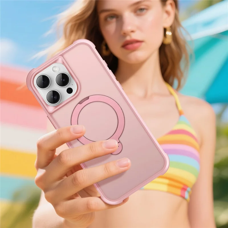 For iPhone 15 Pro Max Case Compatible with MagSafe Kickstand TPU PC Shockproof Phone Back Cover - Pink