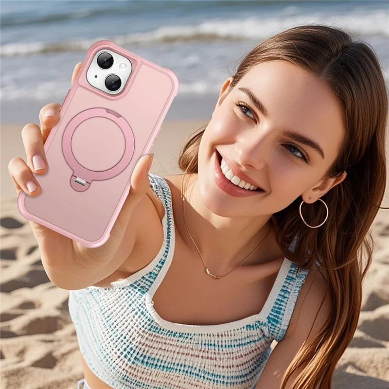 For iPhone 14 Case Compatible with MagSafe Kickstand TPU PC Shockproof Phone Back Cover - Pink