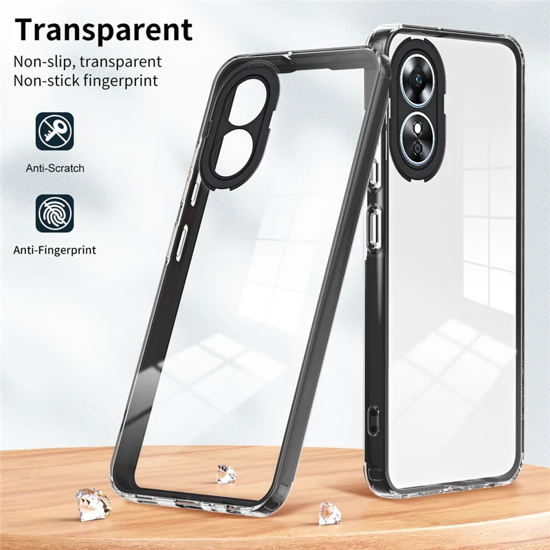 For Oppo A17 4G 3-in-1 Clear TPU Backplate + PC Frame + PC Camera Protection Ring Phone Back Case Fall Resistant Protective Cover - Black