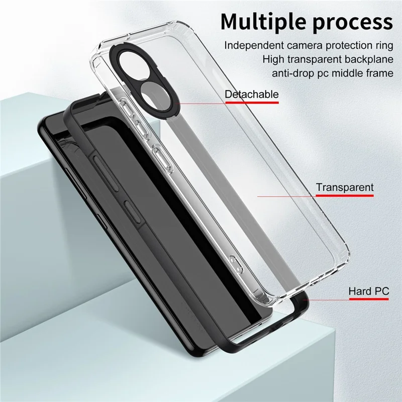 For Oppo A17 4G 3-in-1 Clear TPU Backplate + PC Frame + PC Camera Protection Ring Phone Back Case Fall Resistant Protective Cover - Black