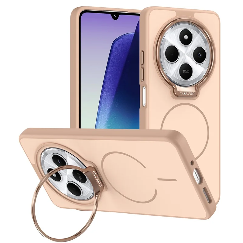 Cover per telefono per Xiaomi Redmi 14C 4G / 14R 5G / Poco C75 4G, rivestimento magnetico in PC + TPU con touch effetto pelle e supporto con cornice per obiettivo - Oro deserto