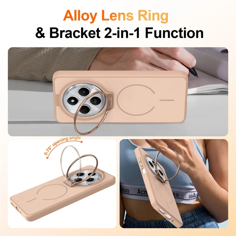 Cover per telefono per Xiaomi Redmi 14C 4G / 14R 5G / Poco C75 4G, rivestimento magnetico in PC + TPU con touch effetto pelle e supporto con cornice per obiettivo - Oro deserto