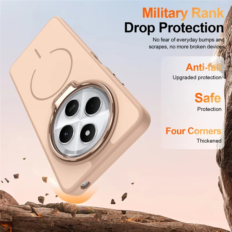 Cover per telefono per Xiaomi Redmi 14C 4G / 14R 5G / Poco C75 4G, rivestimento magnetico in PC + TPU con touch effetto pelle e supporto con cornice per obiettivo - Oro deserto