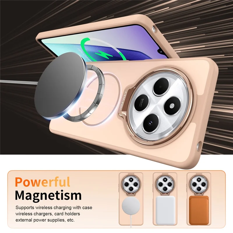 Cover per telefono per Xiaomi Redmi 14C 4G / 14R 5G / Poco C75 4G, rivestimento magnetico in PC + TPU con touch effetto pelle e supporto con cornice per obiettivo - Oro deserto