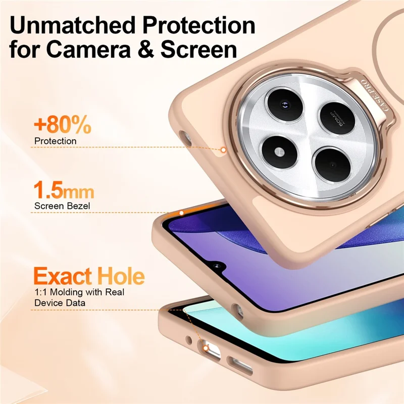 Cover per telefono per Xiaomi Redmi 14C 4G / 14R 5G / Poco C75 4G, rivestimento magnetico in PC + TPU con touch effetto pelle e supporto con cornice per obiettivo - Oro deserto