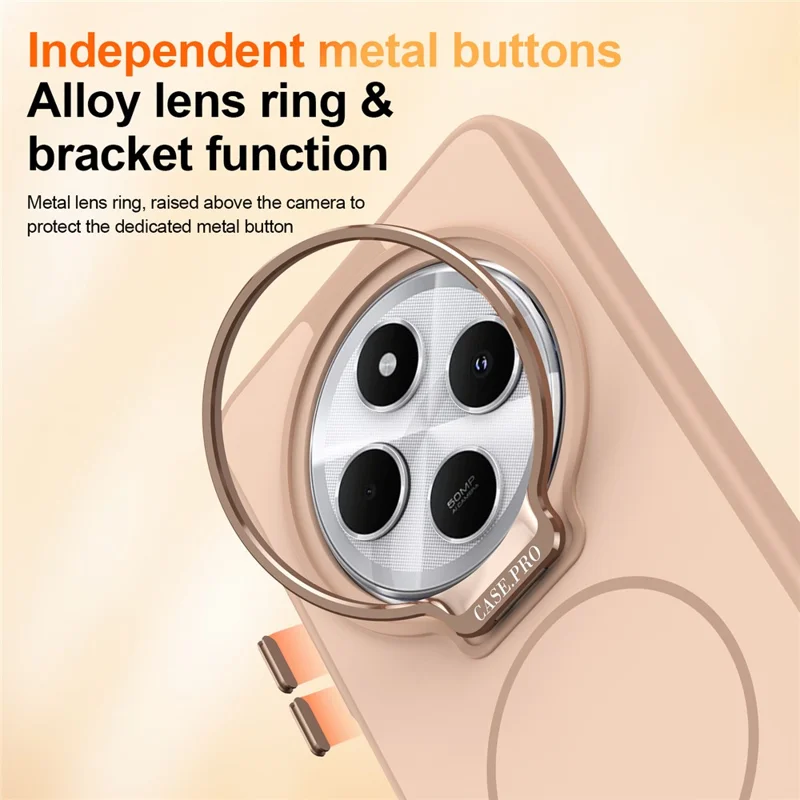 Cover per telefono per Xiaomi Redmi 14C 4G / 14R 5G / Poco C75 4G, rivestimento magnetico in PC + TPU con touch effetto pelle e supporto con cornice per obiettivo - Oro deserto