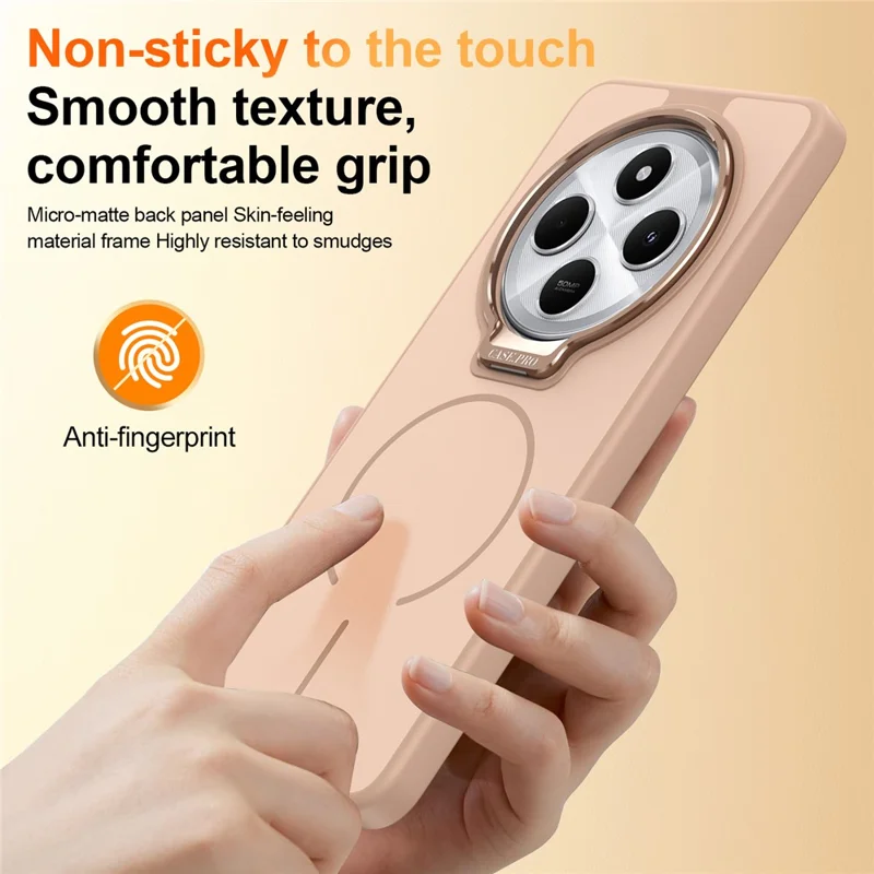 Cover per telefono per Xiaomi Redmi 14C 4G / 14R 5G / Poco C75 4G, rivestimento magnetico in PC + TPU con touch effetto pelle e supporto con cornice per obiettivo - Oro deserto