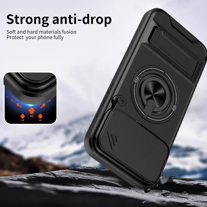 For iPhone 17 Pro Max Case Compatible with MagSafe Ring Holder Foldable Kickstand TPU PC Phone Cover with Camera Lens Slider - Black