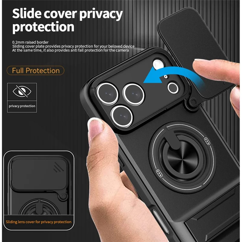For iPhone 17 Pro Max Case Compatible with MagSafe Ring Holder Foldable Kickstand TPU PC Phone Cover with Camera Lens Slider - Black