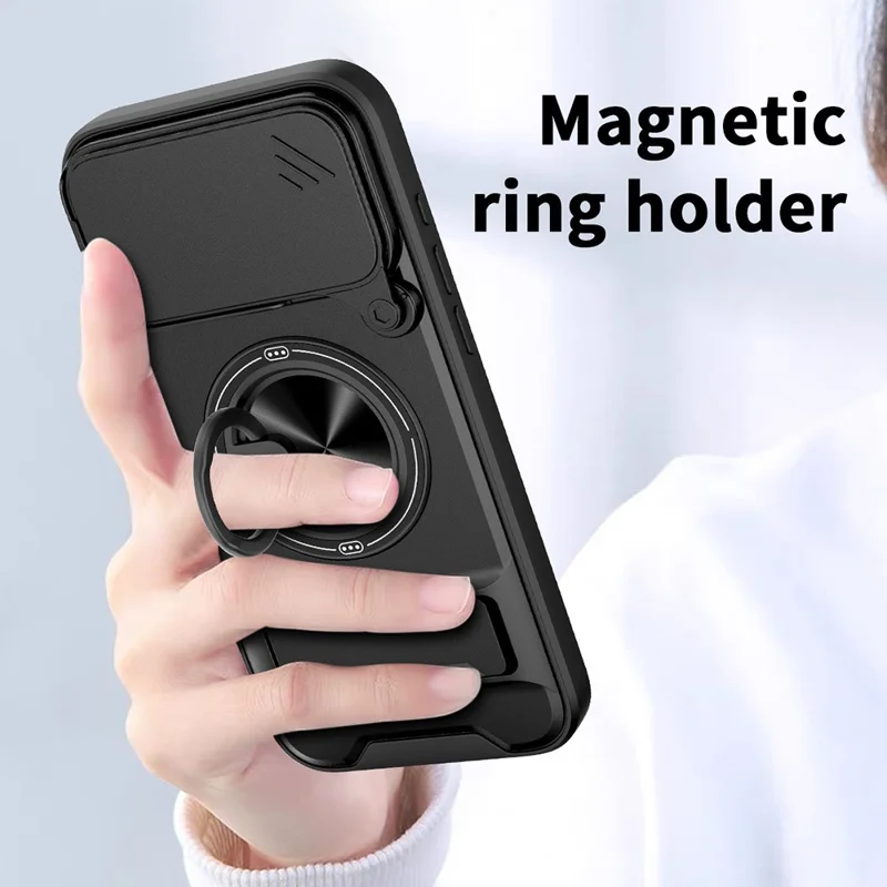 For iPhone 17 Pro Max Case Compatible with MagSafe Ring Holder Foldable Kickstand TPU PC Phone Cover with Camera Lens Slider - Black