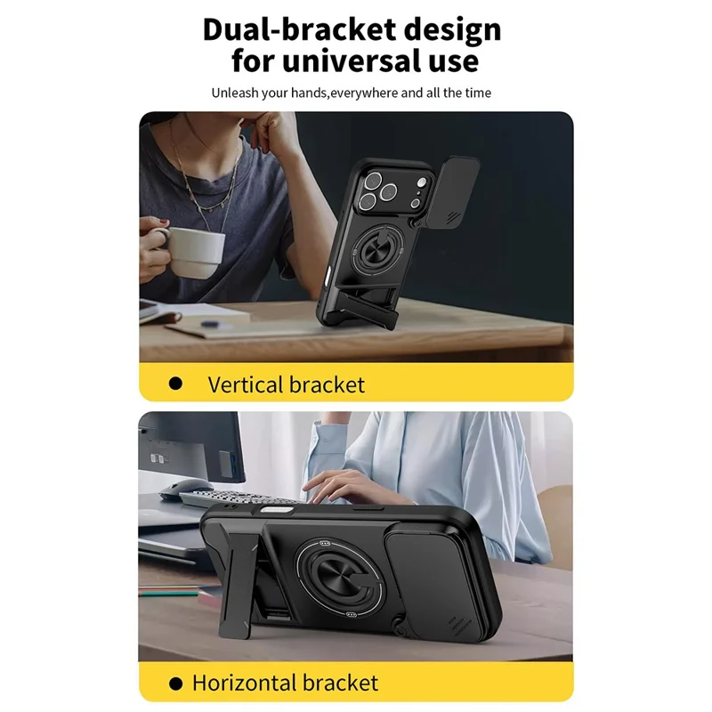 For iPhone 17 Pro Max Case Compatible with MagSafe Ring Holder Foldable Kickstand TPU PC Phone Cover with Camera Lens Slider - Black