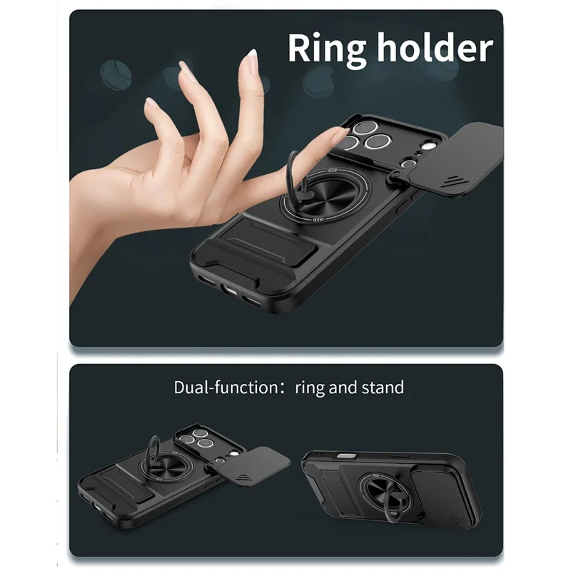For iPhone 17 Pro Max Case Compatible with MagSafe Ring Holder Foldable Kickstand TPU PC Phone Cover with Camera Lens Slider - Black